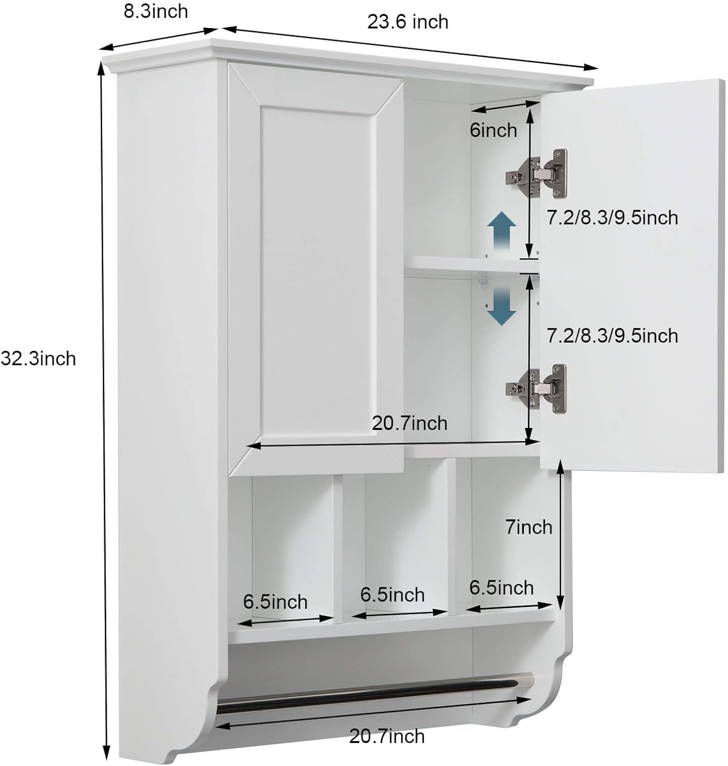 White Bathroom Wall Cabinet with Towel Bar,Wooden Medicine Cabinet Adjustable Shelves