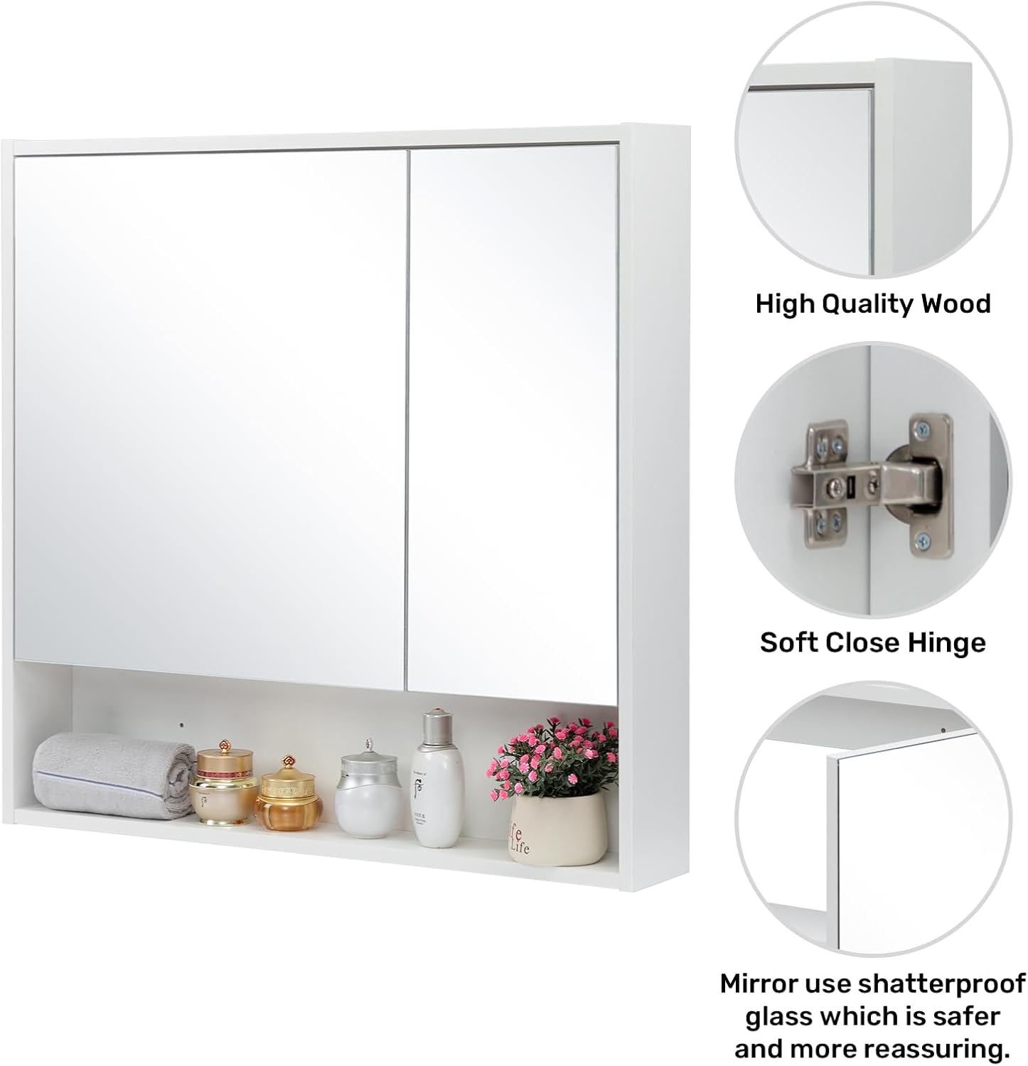 Medicine Cabinet with Mirror and Shelves, Bathroom Wood Wall Cabinet Over The Toilet