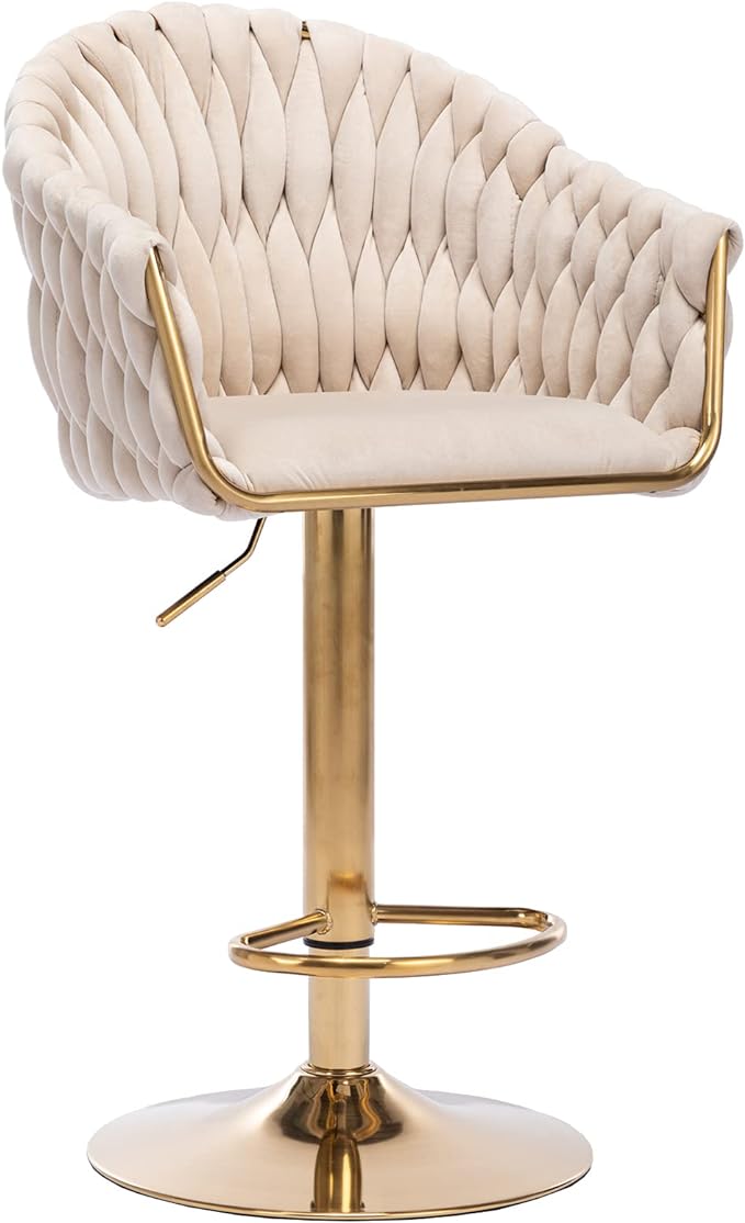 Velvet 360° Swivel Bar Stools with Hand Woven Backrest Design Upholstered Adjustable Counter Bar Stool with Golden Bracket Back and Footrest Bar Chair for Kitchen, Pub (1, Ivory)