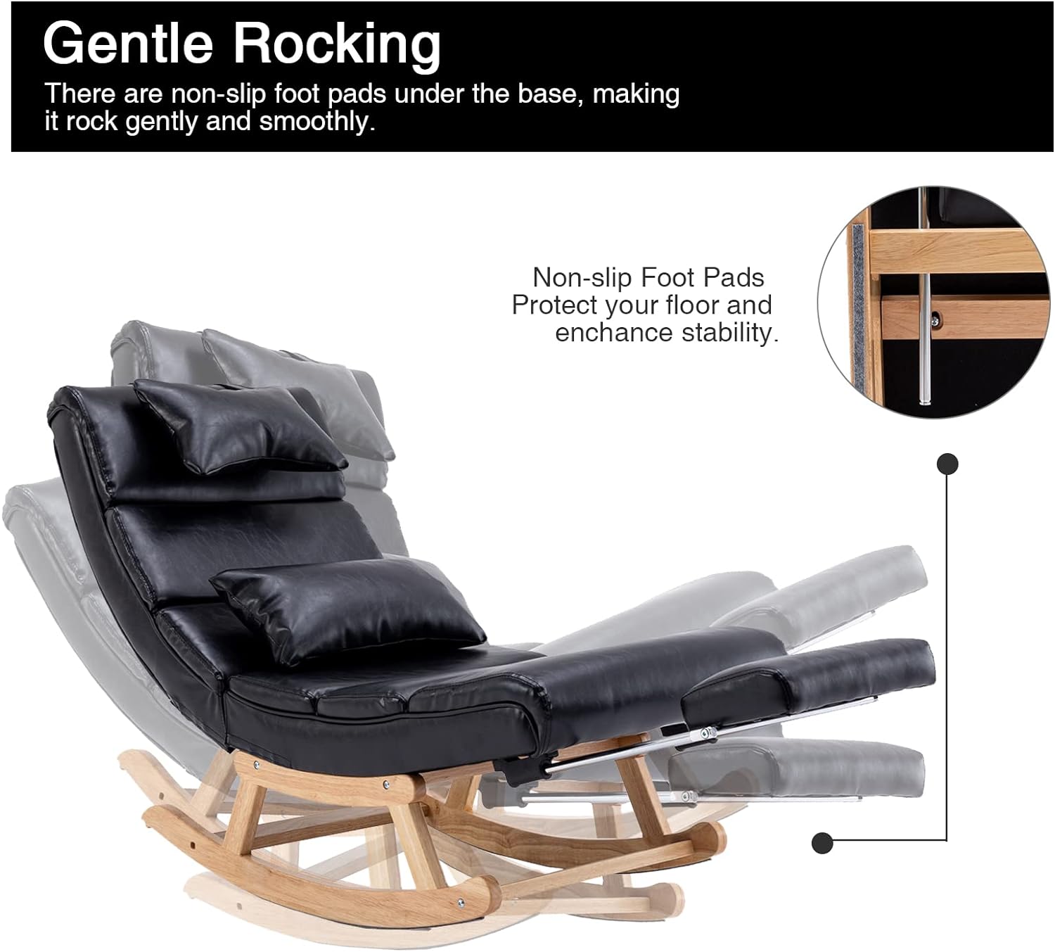 Modern Rocking Lounge Chair, Upholstered Glider Chair for Nursery, Accent Rocker Chair with Large Back & Pull Out Pedal, Lie or Sleep Lazy Chair for Living Room, Bedroom (Black PU)