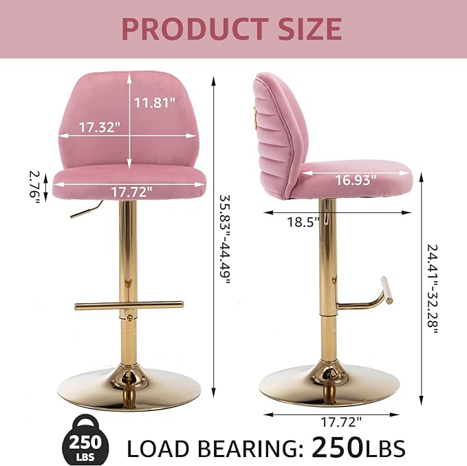 Modern Velvet Bar Stools Set of 2, Swivel Barstools with Golden Legs, Back Ring Design, Kitchen Island Chairs, Counter Height Stool for Home Bar, Kitchen Island,Pub, Cafe (Pink)