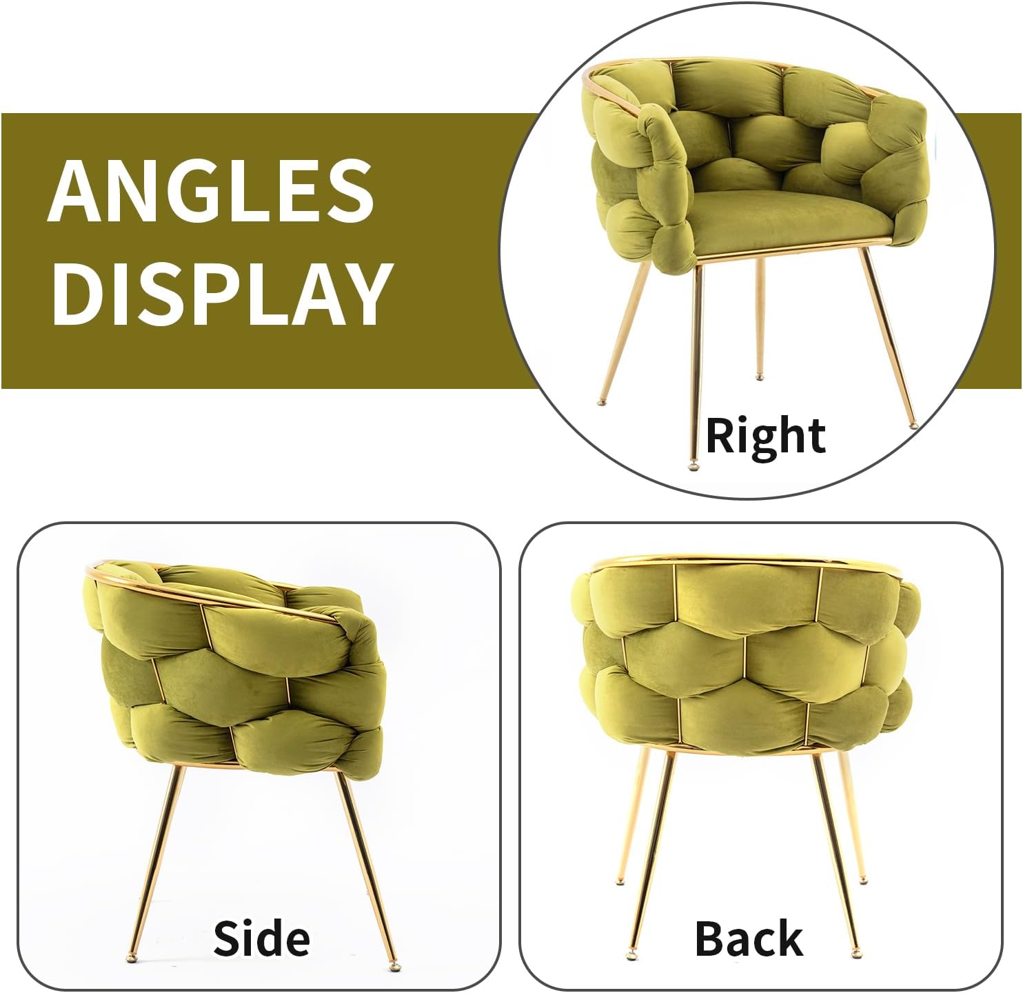 Modern Velvet Dining Chairs Set of 2, Hand Weaving Upholstered Vanity Chairs with Gold Metal Legs, Leisure Single Sofa Armchairs, Comfy Accent Chairs for Living Room (Olive Green)