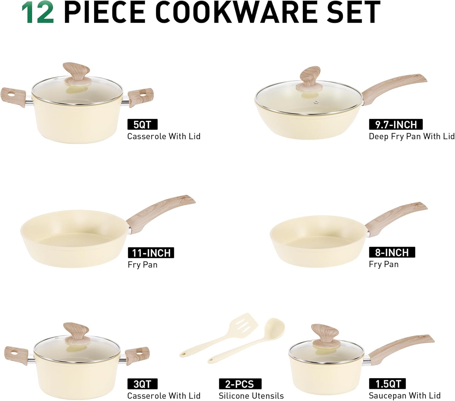 Kitchen Cookware Sets Nonstick, 12 Piece Pots and Pans Set Granite Cooking Set for Induction & Dishwasher Safe, Oven, Stovetop, Beige