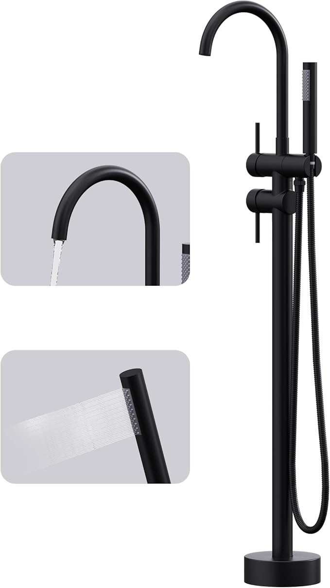 Floor Mount Bathtub Faucet Freestanding Tub Filler Standing High Flow Shower Faucets Shower Mixer Taps, Swivel Gooseneck Spout with Cylinder Handheld Matte Black