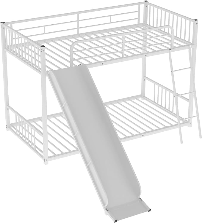 Metal Bunk Beds with Slide Twin Over Twin Low Bunk Bed with Ladder and Slide Buffer for Kids Toddlers Boys Girls Teens, White