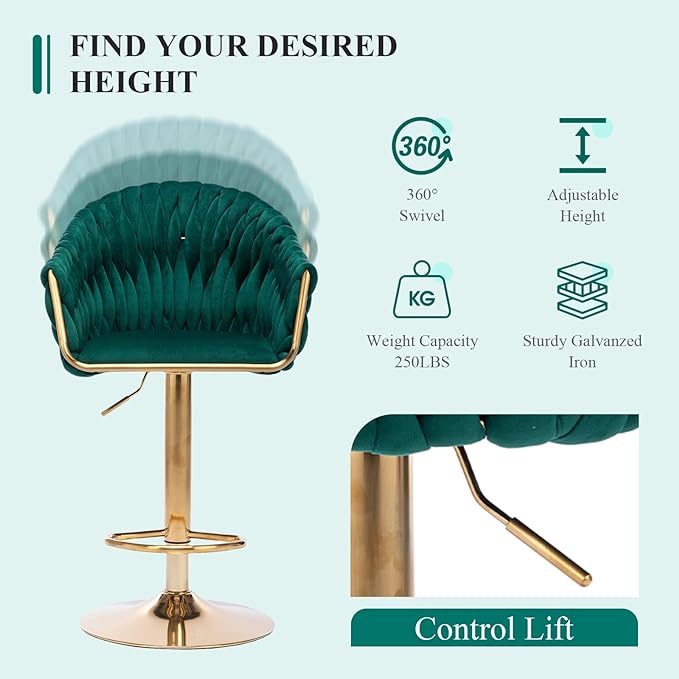 Velvet 360° Swivel Bar Stools with Hand Woven Backrest Design Upholstered Adjustable Counter Bar Stool with Golden Bracket Back and Footrest Bar Chair for Kitchen, Pub (1, Green)
