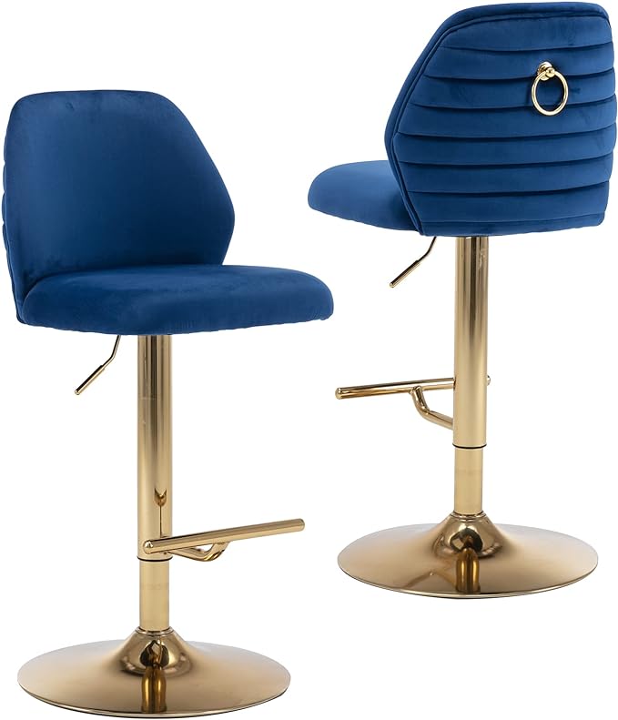Modern Velvet Bar Stools Set of 2, Swivel Barstools with Golden Legs, Back Ring Design, Kitchen Island Chairs, Counter Height Stool for Home Bar, Kitchen Island,Pub, Cafe (Navy Blue)