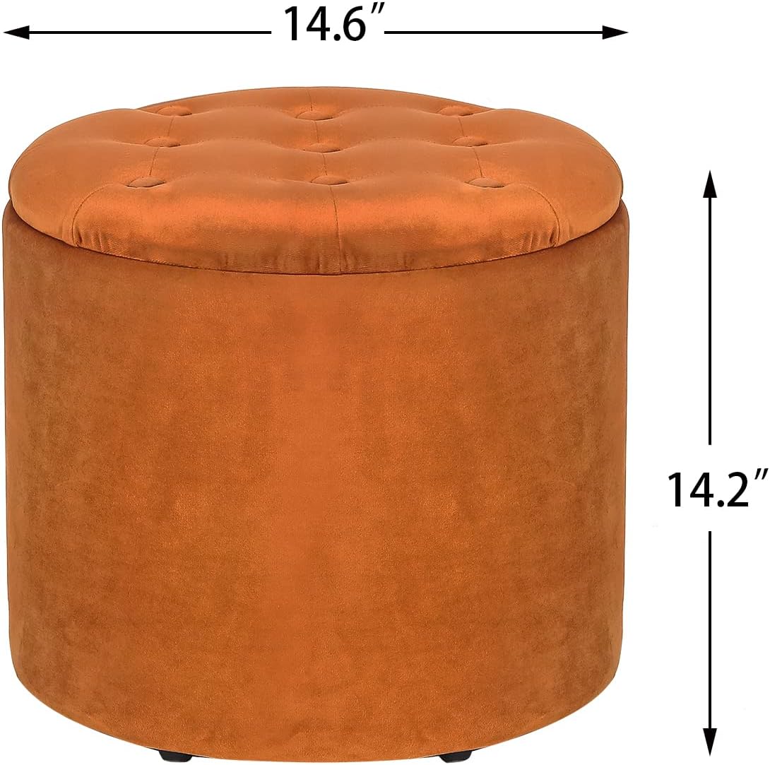 14.6" Orange Round Storage Tufted Ottomans with Removable Lid