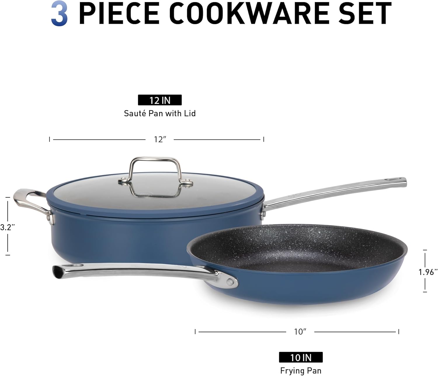 Nonstick Frying Pans Set 3 Piece, 12" Saute Pan with Lid and 10" Frying Pan, Non Toxic Deep Fry Pan, Induction Cookware Set with Plasma Titanium Coating