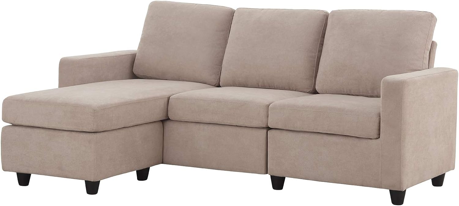 L Shaped Couch with Linen Fabric, Convertible, Reversible Sectional Sofa for Small Space, Dark Beige