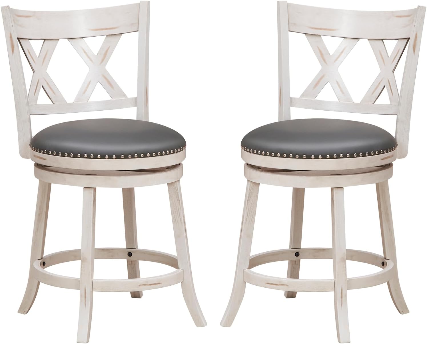 25.5" Bar Stools Set of 2, Swivel Counter Height Stools w/Back, 20" Wide Padded Seat, Rubber Wood Frame, Armless Farmhouse Barstools for Kitchen Island, Café, Pub, Dining Room, Antique White