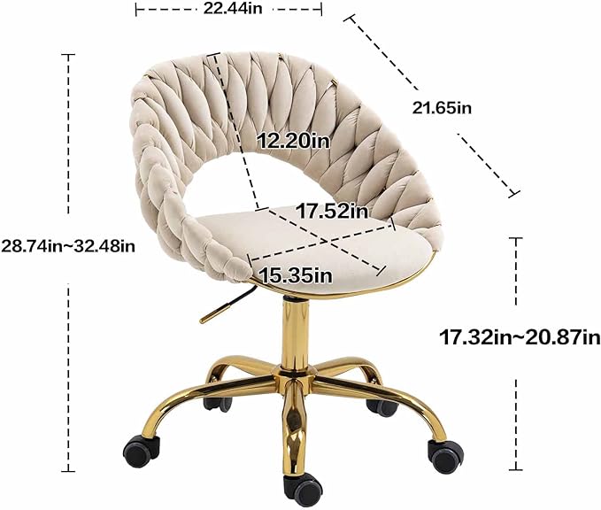 Swivel Velvet Home Office Chair, Upholstered Desk Chair, Modern Accent Armchair, Tufted Computer Task Stools with Gold Base for Girls, Women, Study, Living Room (Ivory)