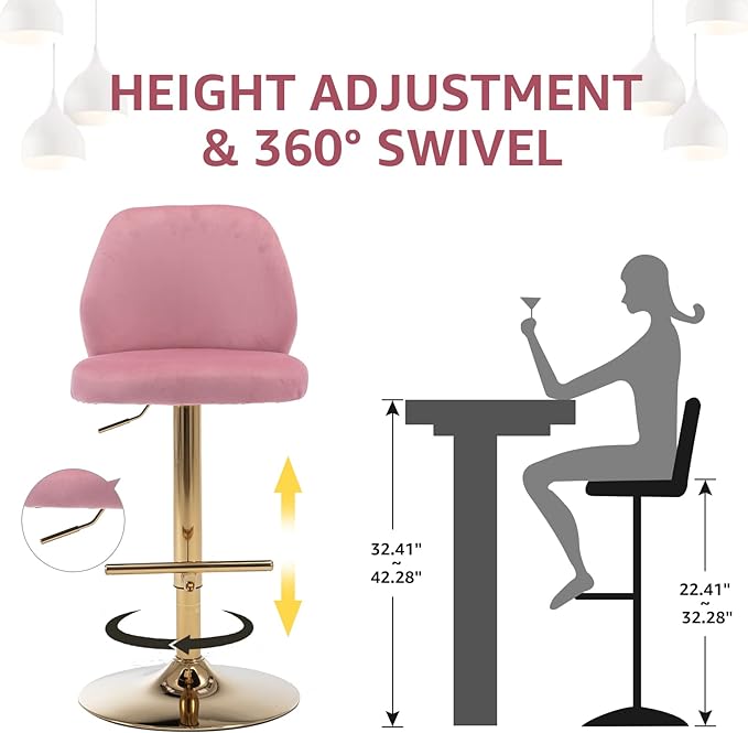 Modern Velvet Bar Stools Set of 2, Swivel Barstools with Golden Legs, Back Ring Design, Kitchen Island Chairs, Counter Height Stool for Home Bar, Kitchen Island,Pub, Cafe (Pink)