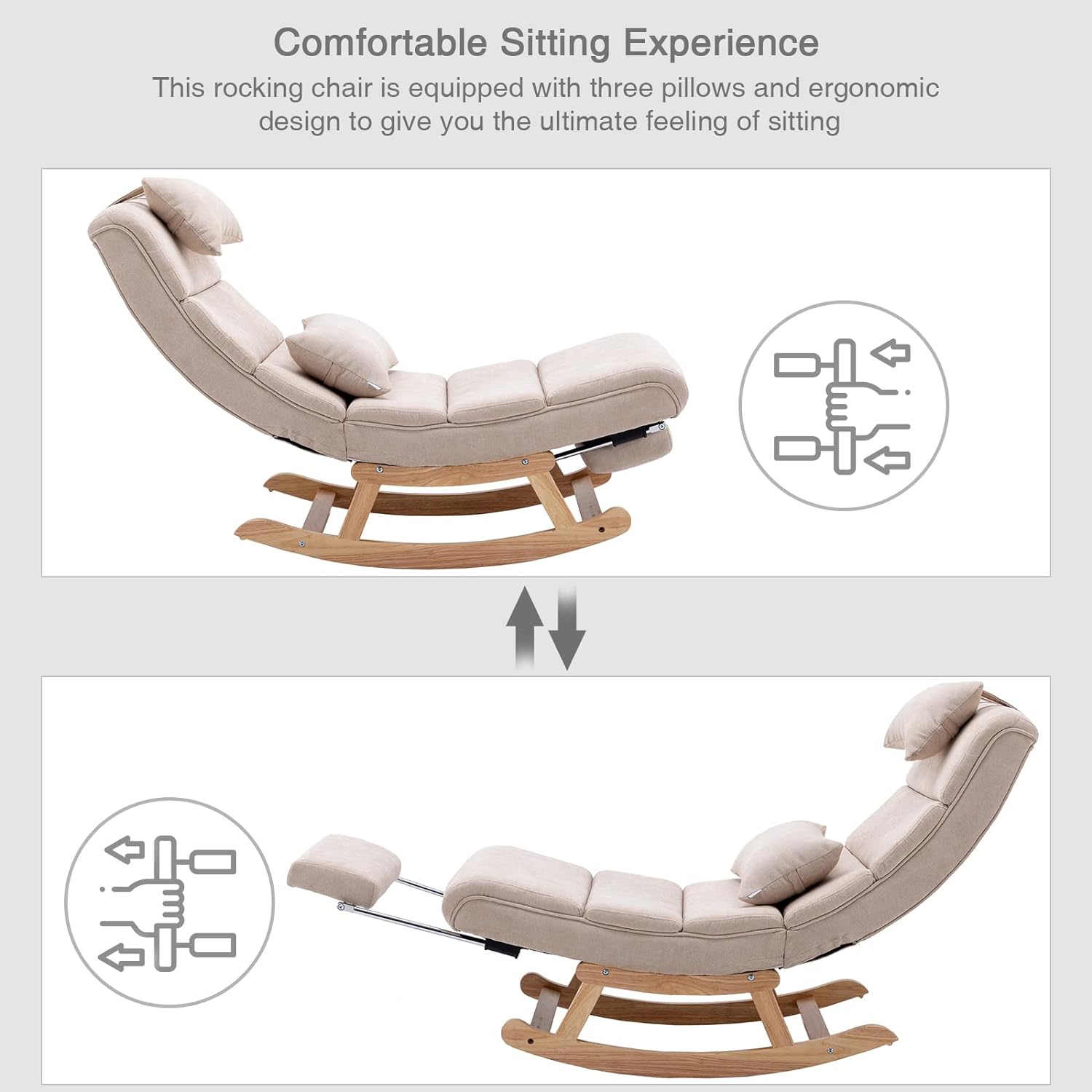 Modern Rocking Lounge Chair, Upholstered Glider Chair for Nursery, Accent Rocker Chair with Large Back & Pull Out Pedal, Lie or Sleep Lazy Chair for Living Room, Bedroom (Beige)