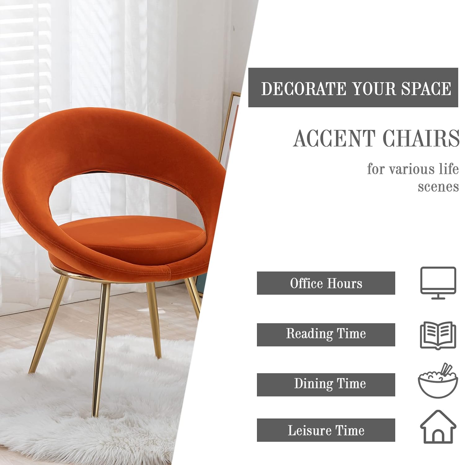 Modern Velvet Accent Chairs Set of 2, Upholstered Dining Chairs, Leisure Arm Chair, Lounge Chairs with Golden Metal Frame Legs for Living Room, Dining Room, Bedroom, Vanity (Orange)