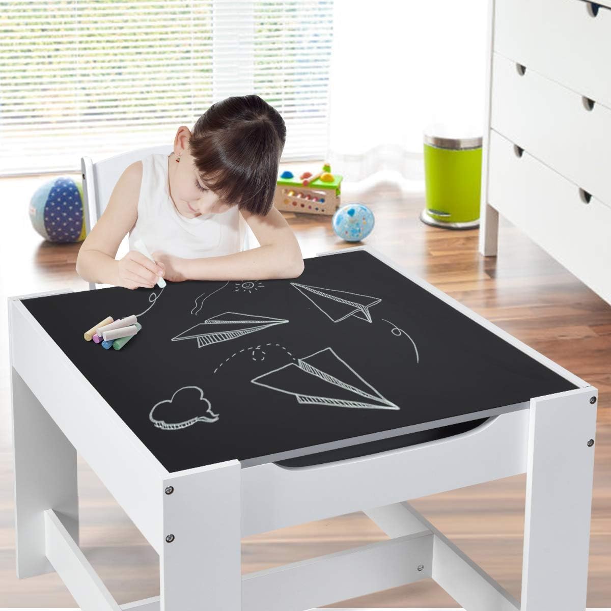 Kids Table and Chair Set, 3 in 1 Wood Children Desk Set