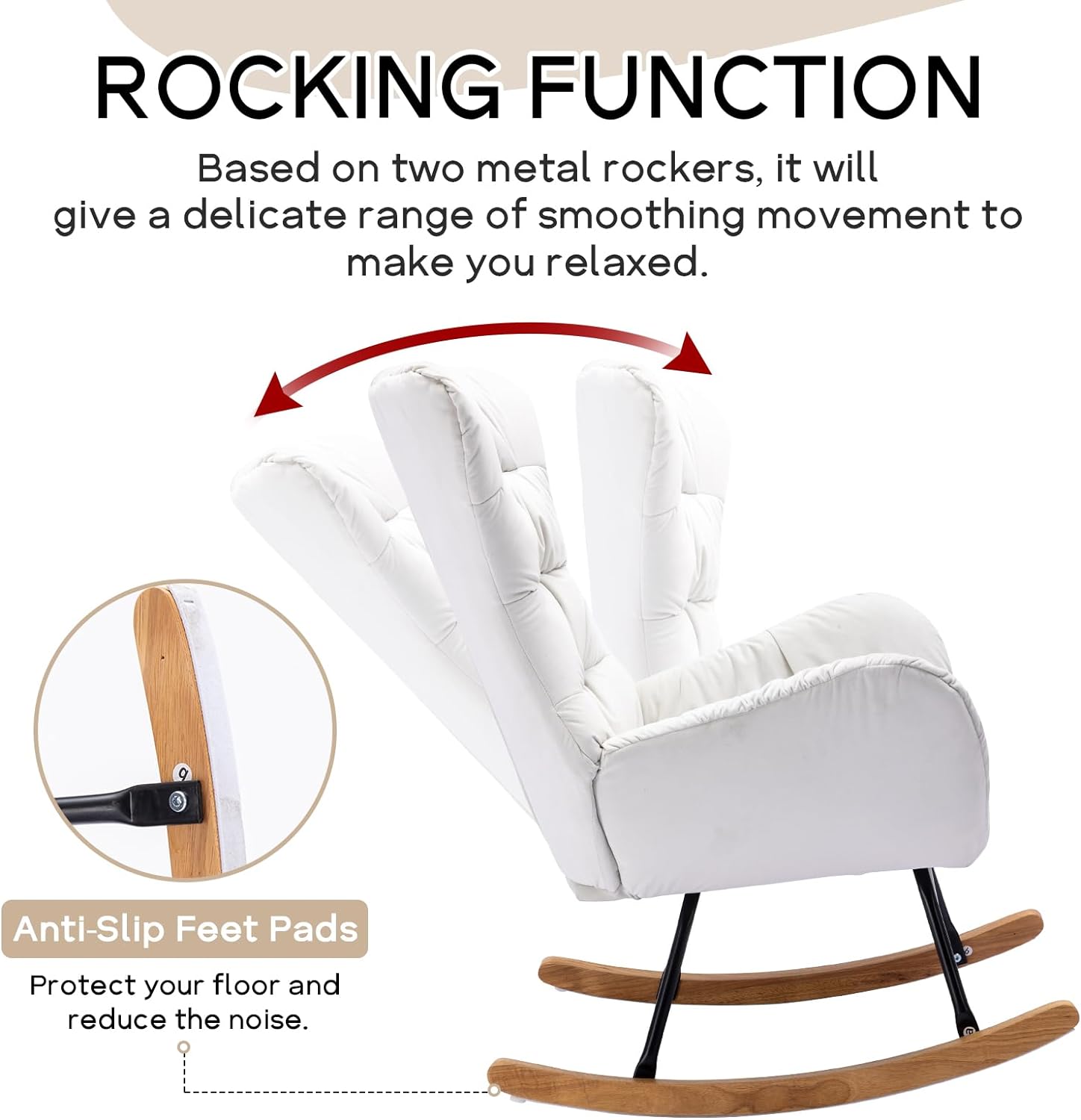 Nursery Rocking Chair, Velvet Upholstered Glider Rocker, Rocking Accent Chair with High Backrest, Comfy Rocking Accent Armchair for Living Room, Bedroom, Offices (Ivory Velvet)