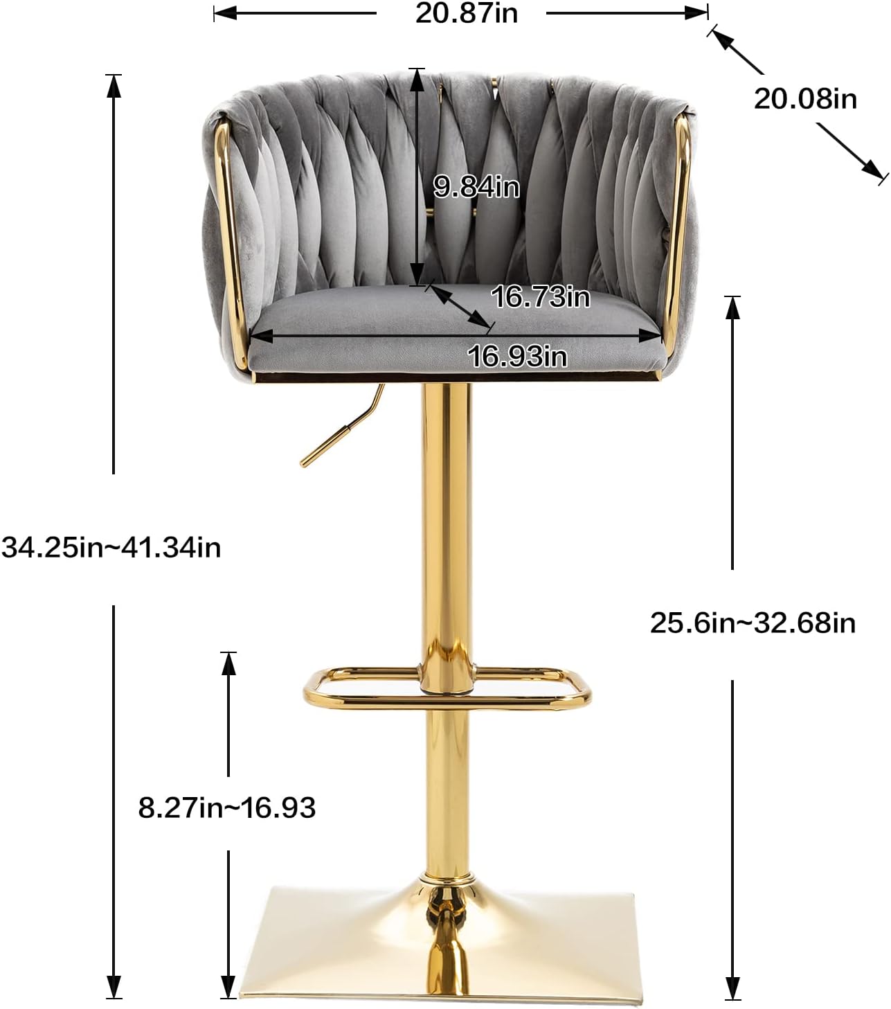 Bar Stools Set of 2 with 360° Swivel Hand Woven Backrest Design Upholstered Adjustable Counter Velvet Bar Stool with Golden Bracket Back and Footrest Bar Chair for Kitchen, Pub (Grey)