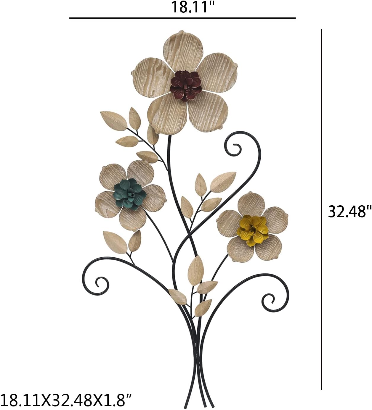 32.48” Metal Flower Wall Art Decor,Boho 3D Metal Floral Wall Sculpture with Vibrant Stamens and Natural Wood Texture Petals