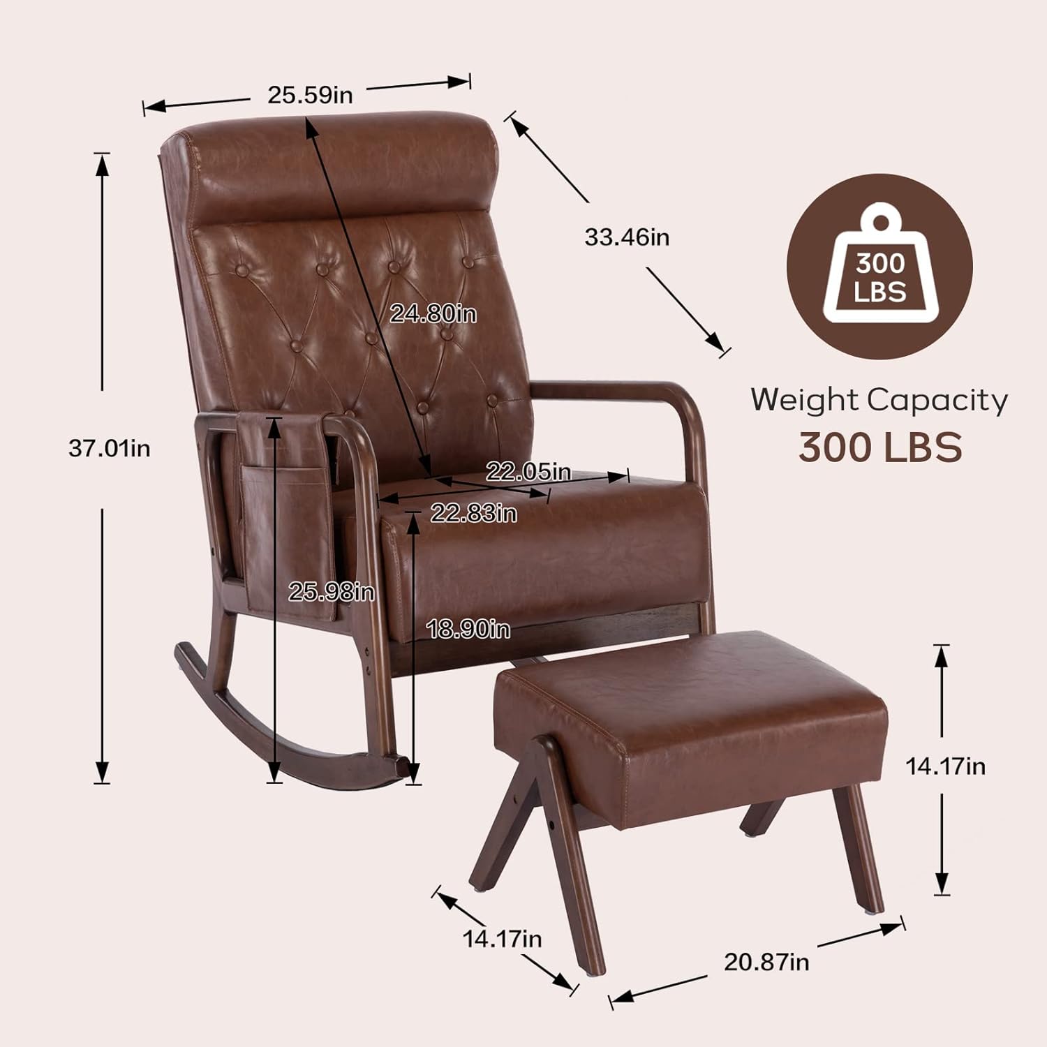 Nursery Rocking Chairs with Ottoman, Upholstered Glider Chair with Rubber Wood Legs and Side Pocket, Mid-Century Rocking Accent Chair for Living Room Bedroom (Brown PU)