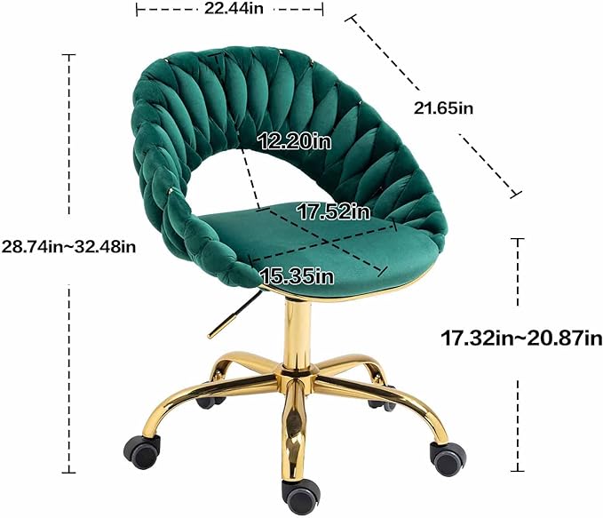 Swivel Velvet Home Office Chair, Upholstered Desk Chair, Modern Accent Armchair, Tufted Computer Task Stools with Gold Base for Girls, Women, Study, Living Room (Emerald)