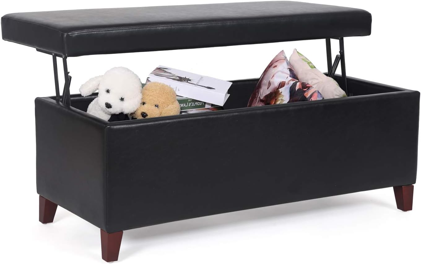 42 Inches Faux Leather Storage Bench with Large Storage Space, Upholstered Rectangular Ottoman