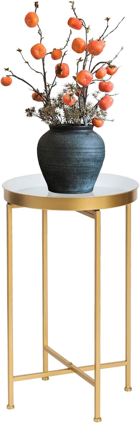 Modern Round Side End Accent Table 25.7 inch Tall for Living Room (Gold, White Tray)