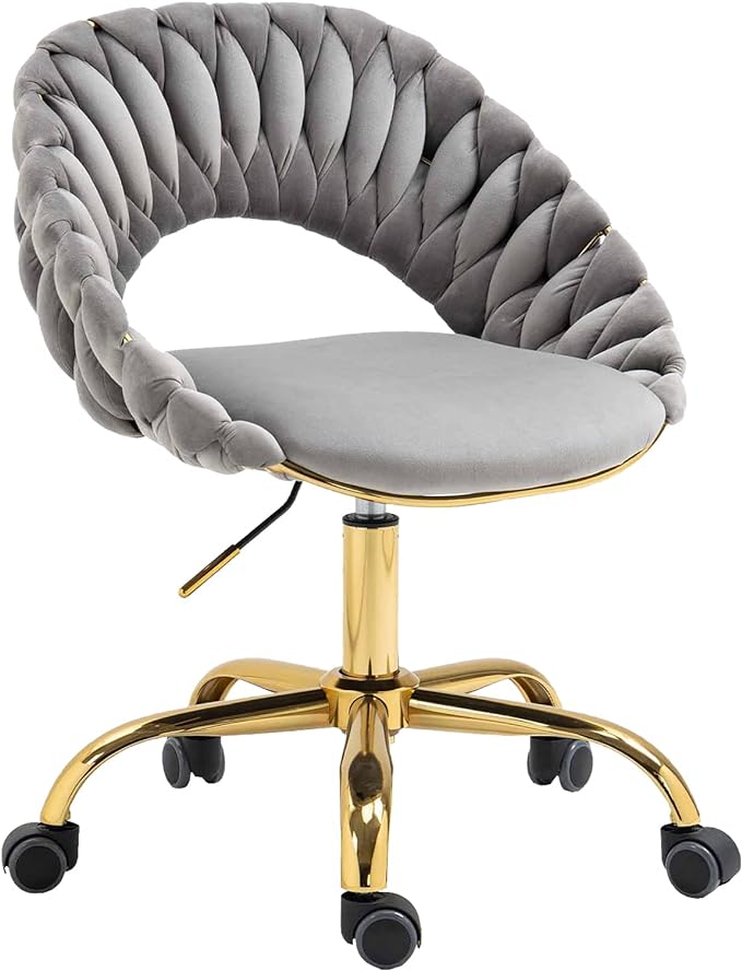 Swivel Velvet Home Office Chair, Upholstered Desk Chair, Modern Accent Armchair, Tufted Computer Task Stools with Gold Base for Girls, Women, Study, Living Room (Grey)
