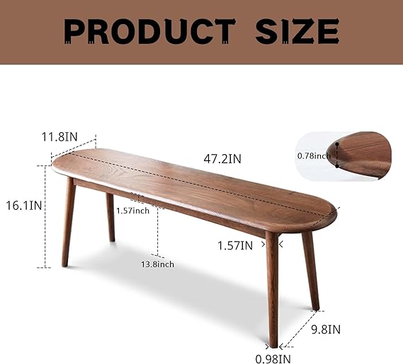 100% Solid Wood Dining Bench - Oak Bench for Entryway, Bedroom, Living Room, Kitchen Room - (Walnut Color, 47.24")