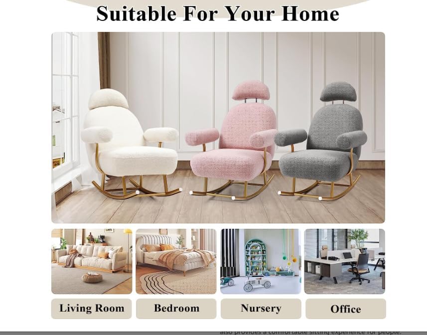 Nursery Rocking Chair, Modern Sherpa Upholstered Fabric Glider Rocker, Rocking Chair for Nursery, Comfy Armchair with High Backrest, Leisure Sofa Chair for Living Room Bedroom (Pink)