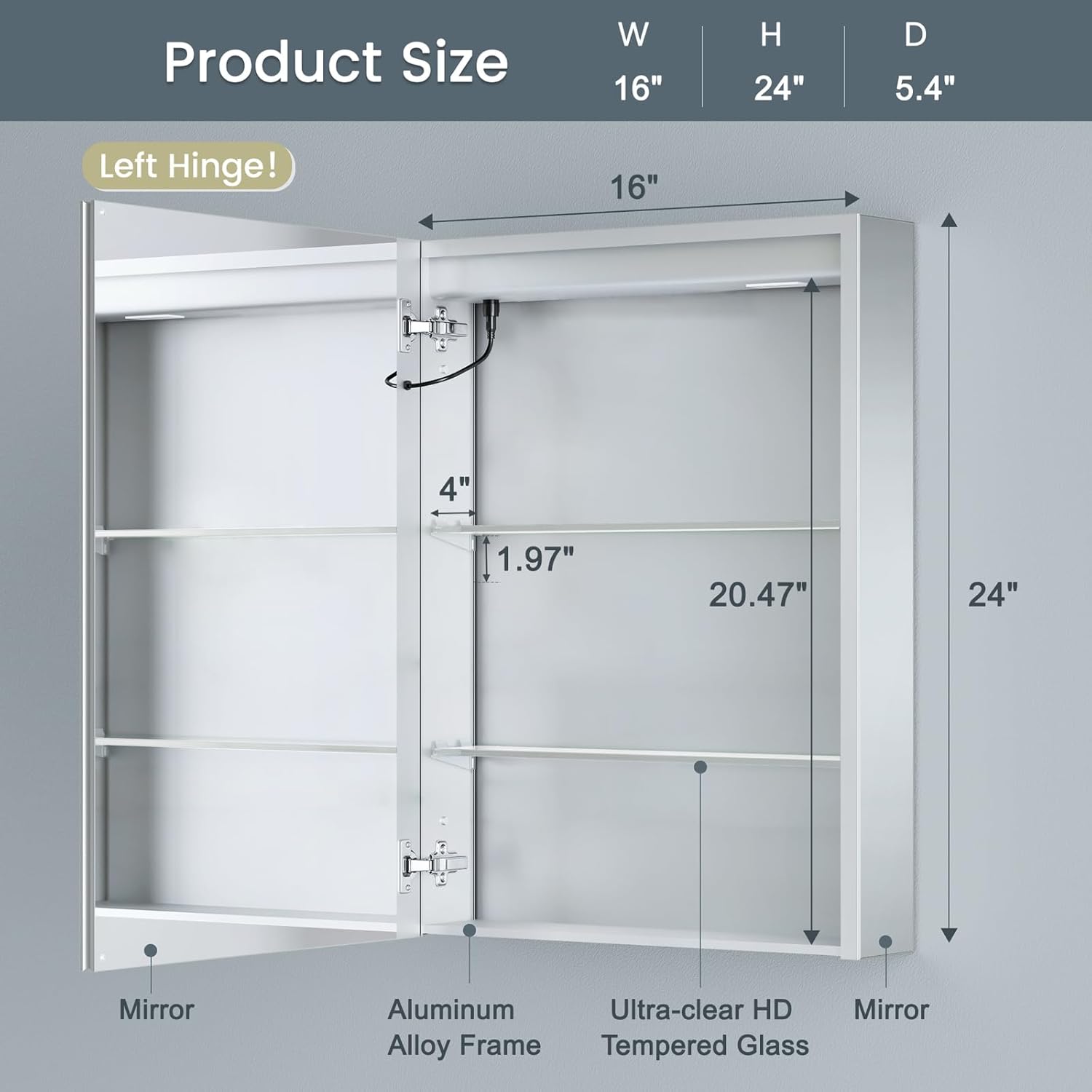 16x24 Inch Medicine Cabinet with Lights, Lighted Medicine Cabinet with Mirror, AL Alloy Frame