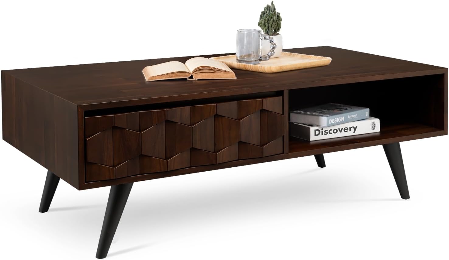 Solid Wood Coffee Tables for Living Room, Coffee Table Mid Century Modern with 2 Symmetrical Storage Drawers & Geometric Details
