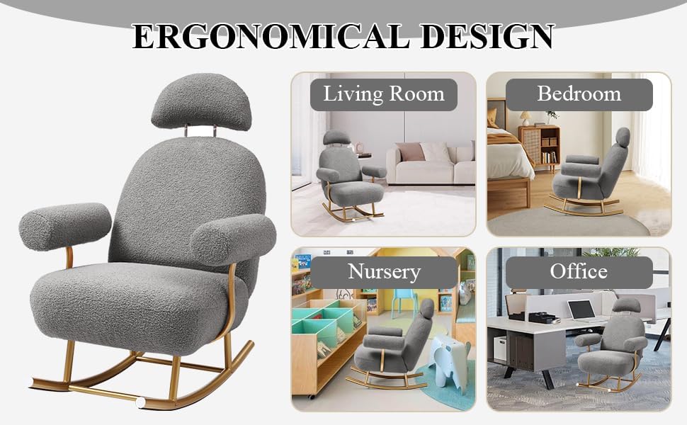 Nursery Rocking Chair, Modern Sherpa Upholstered Fabric Glider Rocker, Rocking Chair for Nursery, Comfy Armchair with High Backrest, Leisure Sofa Chair for Living Room Bedroom (Grey)