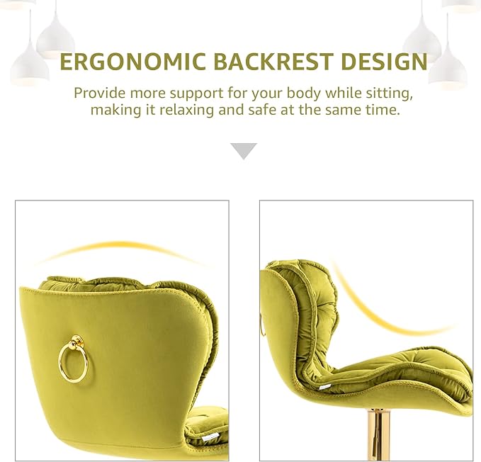 Velvet 360°Swivel Bar Stools Set of 2, Adjustable Bar Chair with Armless Design Tufted Backrest and Metal Gold Legs Dining Chairs Counter Stools for Dining Room, Island, Pub, Bar (Green)