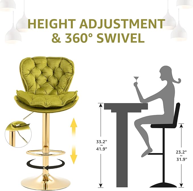 Velvet 360°Swivel Bar Stools Set of 2, Adjustable Bar Chair with Armless Design Tufted Backrest and Metal Gold Legs Dining Chairs Counter Stools for Dining Room, Island, Pub, Bar (Green)