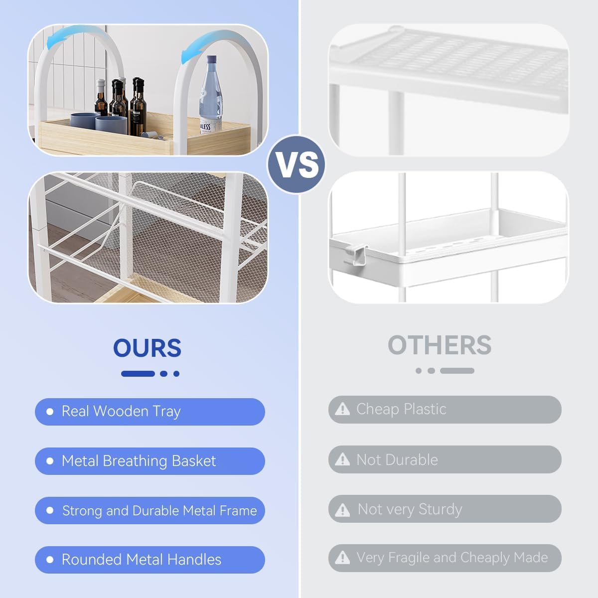 Small Bathroom Storage Cart Organizer - 4-Tier Narrow Rolling Cart Organizer with Wheels,2 Metal Basket,2 Wooden Tray