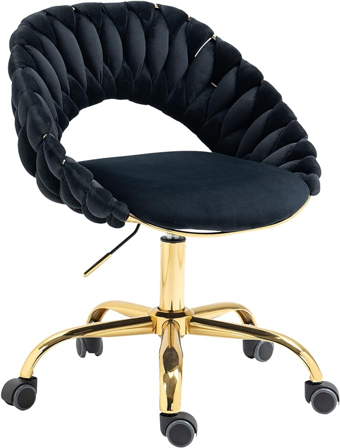 Swivel Velvet Home Office Chair, Upholstered Desk Chair, Modern Accent Armchair, Tufted Computer Task Stools with Gold Base for Girls, Women, Study, Living Room (Black)