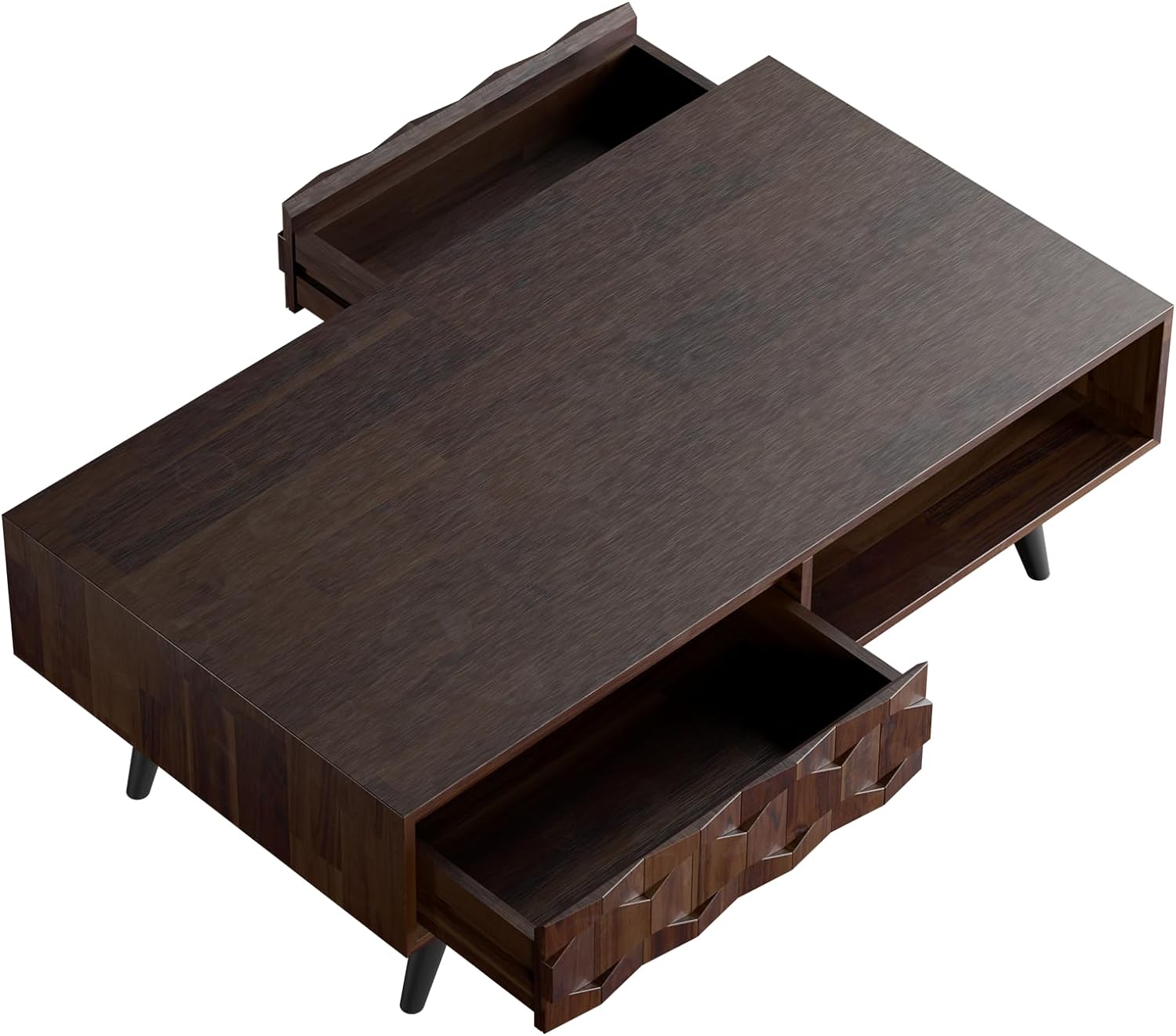 Solid Wood Coffee Tables for Living Room, Coffee Table Mid Century Modern with 2 Symmetrical Storage Drawers & Geometric Details