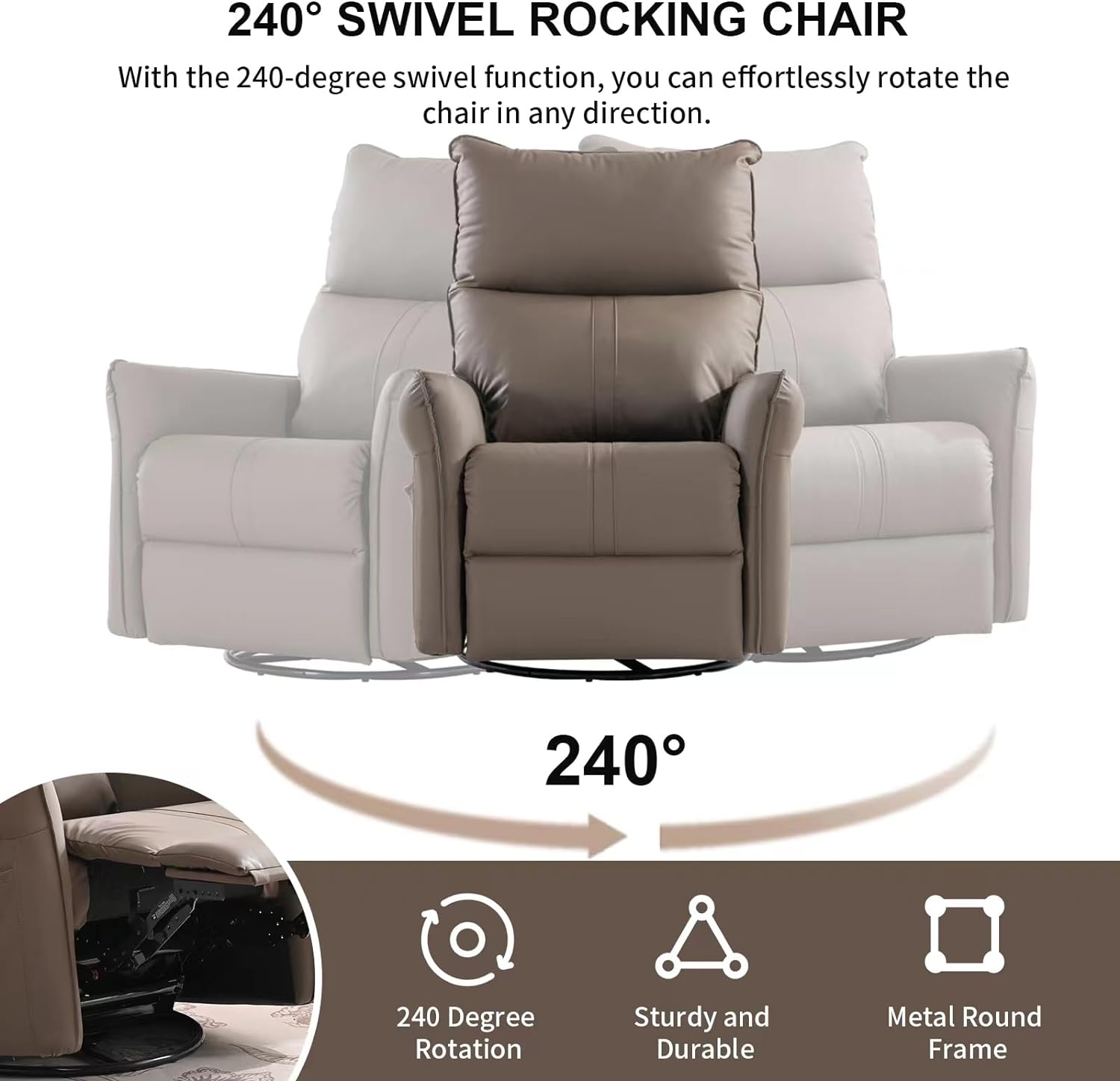 Rocker Recliner Chair, 240 Degree Swivel Nursery Rocking Chair, Glider Chair with Side Pockets and Footrest, Modern Single Sofa Chair for Bedroom, Living Room (Brown)
