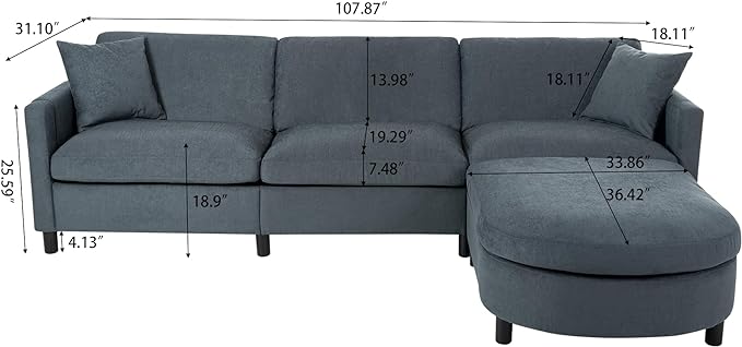 107.87'' Sectional Sofa Couch with Curved Convertible Ottoman for Living Room