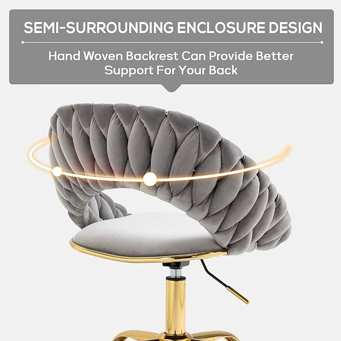 Swivel Velvet Home Office Chair, Upholstered Desk Chair, Modern Accent Armchair, Tufted Computer Task Stools with Gold Base for Girls, Women, Study, Living Room (Grey)