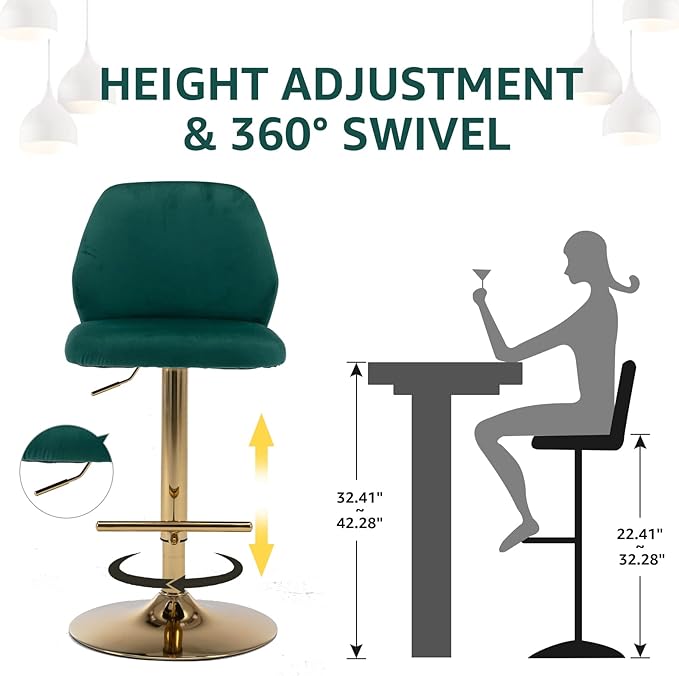 Modern Velvet Bar Stools Set of 2, Swivel Barstools with Golden Legs, Back Ring Design, Kitchen Island Chairs, Counter Height Stool for Home Bar, Kitchen Island,Pub, Cafe (Green)