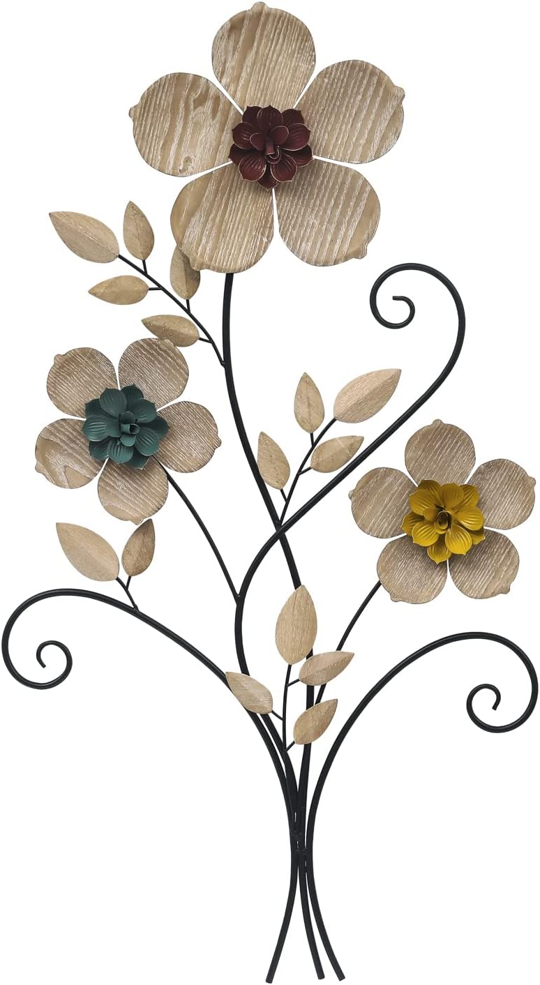 32.48” Metal Flower Wall Art Decor,Boho 3D Metal Floral Wall Sculpture with Vibrant Stamens and Natural Wood Texture Petals