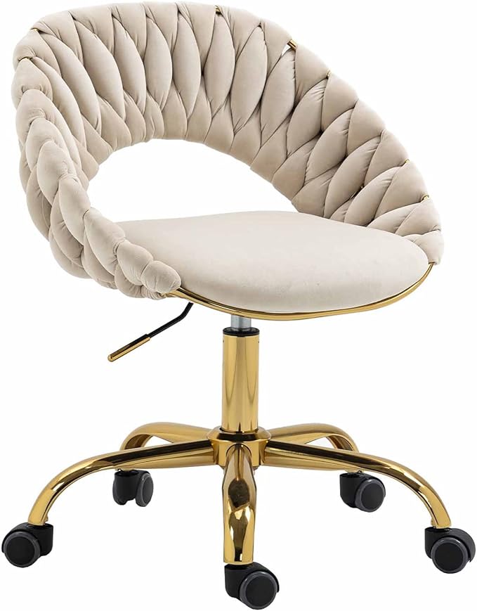 Swivel Velvet Home Office Chair, Upholstered Desk Chair, Modern Accent Armchair, Tufted Computer Task Stools with Gold Base for Girls, Women, Study, Living Room (Ivory)
