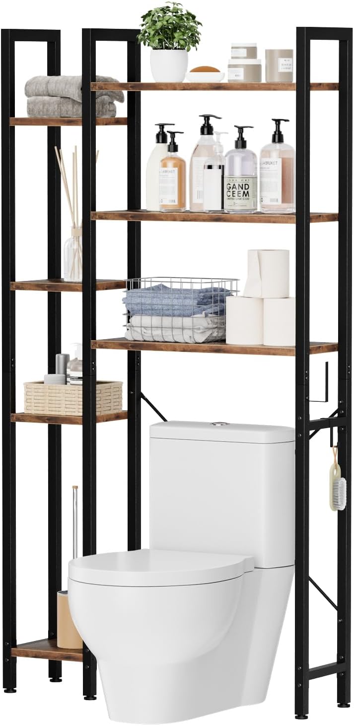 Over The Toilet Storage with 7-Tier Bathroom Organizer Shelf, Freestanding Space Saver with Hooks & Adjustable Feet