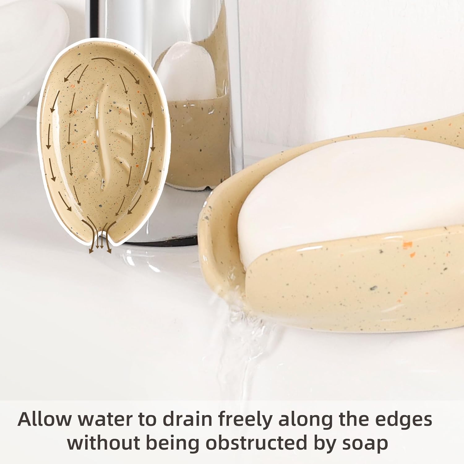 Self Draining Soap Dish, Leaf Shape Ceramic Bar Soap Holder Drain Soap Dishes for Bathroom Sink Shower Kitchen, Easy to Clean Keeps Soap Dry