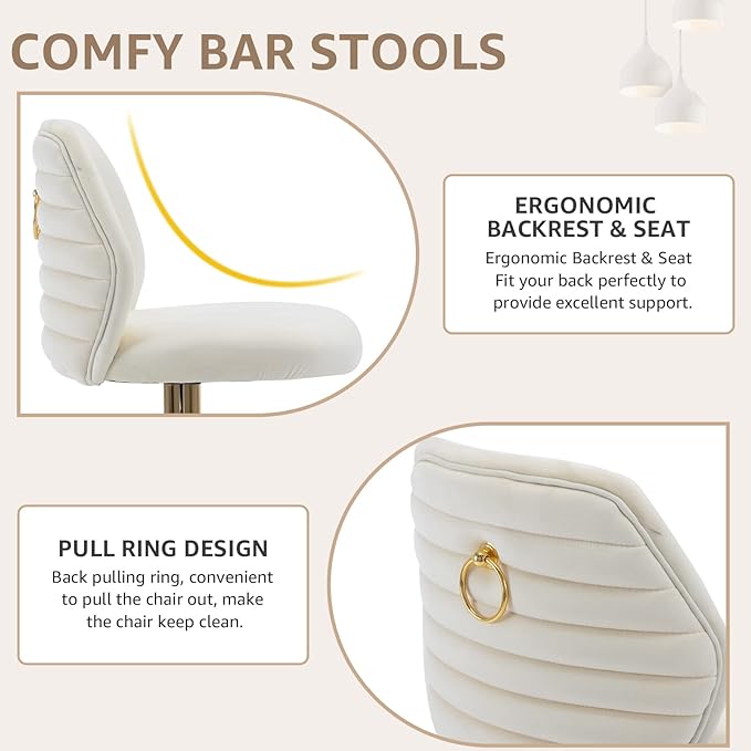 Modern Velvet Bar Stools Set of 2, Swivel Barstools with Golden Legs, Back Ring Design, Kitchen Island Chairs, Counter Height Stool for Home Bar, Kitchen Island,Pub, Cafe (Cream)