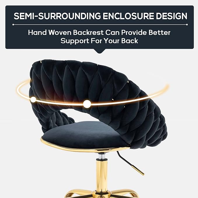 Swivel Velvet Home Office Chair, Upholstered Desk Chair, Modern Accent Armchair, Tufted Computer Task Stools with Gold Base for Girls, Women, Study, Living Room (Black)