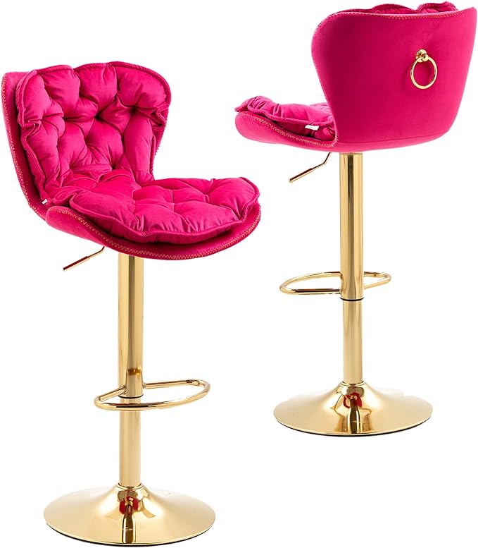 Velvet 360°Swivel Bar Stools Set of 2, Adjustable Bar Chair with Armless Design Tufted Backrest and Metal Gold Legs Dining Chairs Counter Stools for Dining Room, Island, Pub, Bar (Rose Red)