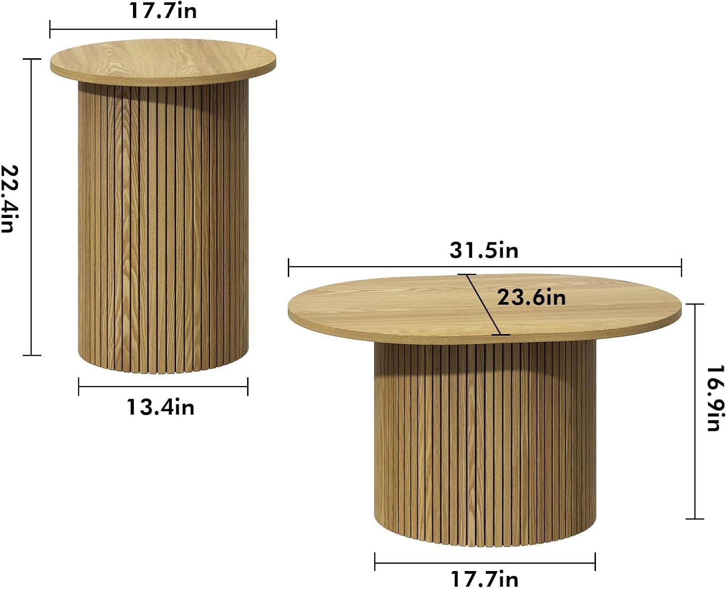 Farmhouse Nesting Coffee Tables Set of 2, Circle Fluted Wood Side and End Table Sets for Living Room